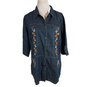 Lupaak Denim Shirt Top Womens Size 50 PLAYGIRL Stretch Embroidered Bunny NWT